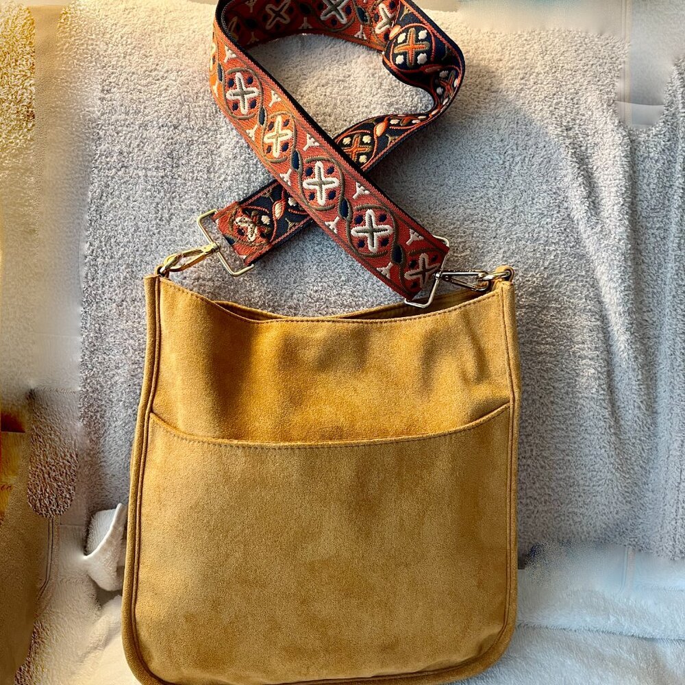 ah-dorned Crossbody Shoulder Bag Camel Faux Suede Reversible Multi Colored Strap